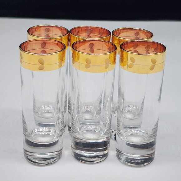 Mid-Century Modern Shot Glasses Gold Polka Dot Rims - Set Of 6 Barware Cocktail - Picture 1 of 6